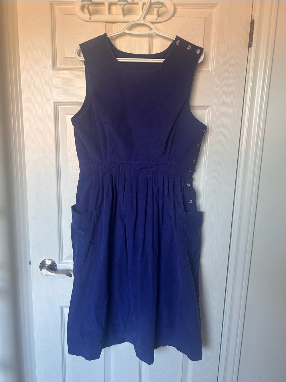 Vintage LL Bean Sleeveless Corduroy Blue Dress with Side Button Detail